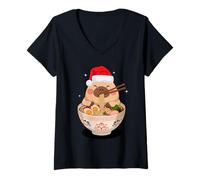 Mujer Christmas Men Women Kids Cute Capybara Eating Ramen Noodles Camiseta Cuello V