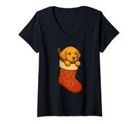 Mujer Christmas Puppy in Stocking Cute Holiday Dog Winter Camiseta Cuello V