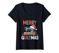 Mujer Christmas Quilting Machin with Xmas Light TeeMerry Quiltmas Camiseta Cuello V