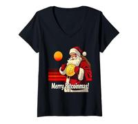 Mujer Christmas sats blockchain finanzas navideñas invierte Bitcoin Camiseta Cuello V