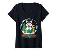 Mujer Christmas Snow Globe Siberian Husky X-Mas Tree Huskies Camiseta Cuello V