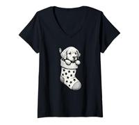 Mujer Christmas Stocking Puppy Art Vintage Winter Xmas Party Camiseta Cuello V