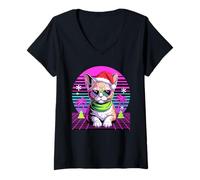 Mujer Christmas Synthwave Devon Rex Sunglasses Camiseta Cuello V