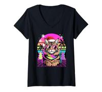 Mujer Christmas Synthwave Maine Coon Sunglasses American Longhair Camiseta Cuello V