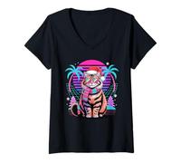 Mujer Christmas Synthwave Norwegian Forest Cat Sunglasses Wegies Camiseta Cuello V