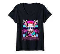 Mujer Christmas Synthwave Sphynx Sunglasses Canadian Hairless Cat Camiseta Cuello V