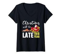 Mujer Christmas Will be Late This Year Faultier Santa Claus Camiseta Cuello V