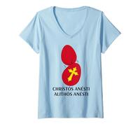 Mujer Christos Anesti Tsougrisma Ortodoxo Pascua Vacaciones Griego Camiseta Cuello V
