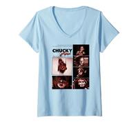 Mujer Chucky Blood Red Frames Creepy Doll Close Up Collage Camiseta Cuello V
