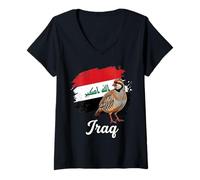 Mujer Chukar Perdiz Irak Bandera Nacional Aves Arte Camiseta Cuello V