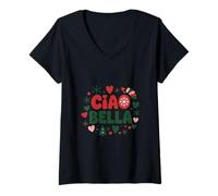 Mujer Ciao Bella Navidad Italiana Arte Retro Festivo Camiseta Cuello V