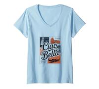 Mujer Ciao Bella - Postal Retro Italiana Camiseta Cuello V