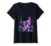 Mujer Ciberpunk Ciudad Calle De Tokio A Medianoche Busan Corea Camiseta Cuello V