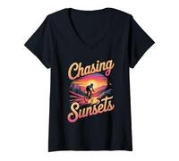 Mujer Ciclismo Ciclista de Carretera Persiguiendo Puestas de Sol Camiseta Cuello V