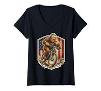 Mujer Ciclista de Bicicleta de montaña Sasquatch Bigfoot Shaka American USA Camiseta Cuello V