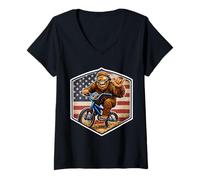 Mujer Ciclista de BMX Sasquatch Bigfoot Shaka American Patriot USA Camiseta Cuello V