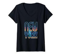 Mujer Cielo Nocturno de Nueva York - USA Liberty & One World Word Art Camiseta Cuello V