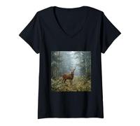 Mujer Ciervo Bosque Brumoso Bosque Fotografía De Paisaje Camiseta Cuello V