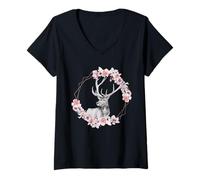 Mujer Ciervo con Flores, Animales del Bosque, Vaca de Ciervo, Cornamenta para niños Camiseta Cuello V