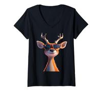 Mujer Ciervo con Gafas de Sol Astas de Caza Ciervos Renos Ciervo Camiseta Cuello V