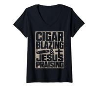 Mujer Cigar Blazing & Jesús alabando al Entusiasta Cristiano del cigarro Camiseta Cuello V