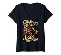 Mujer Cigar Blazing & Jesús alabando al Entusiasta Cristiano del cigarro Camiseta Cuello V