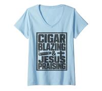 Mujer Cigar Blazing & Jesús alabando al Entusiasta Cristiano del cigarro Camiseta Cuello V