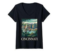 Mujer Cincinnati Ohio Retro Vintage Horizonte Puente Río Paisaje Urbano Camiseta Cuello V