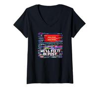 Mujer Cineasta Lo arreglaremos en Post Video Editor Glitch Art Camiseta Cuello V