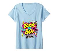 Mujer Cinta de Casete Retro de Vuelta a los 80 Boombox Roller Skate Eightie Camiseta Cuello V