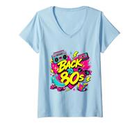 Mujer Cinta de Casete Retro de Vuelta a los 80 Boombox Roller Skate Eightie Camiseta Cuello V
