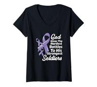 Mujer Cinta de Conciencia sobre el cáncer Quimioterapia Fe Soldados Dios Camiseta Cuello V