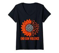 Mujer Cinta de concienciación sobre la violencia con armas de fuego y girasoles naranja Camiseta Cuello V