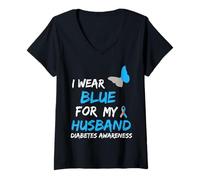 Mujer Cinta de concientización sobre la Diabetes I Wear Blue For My Husband Camiseta Cuello V