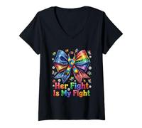Mujer Cinta de Rompecabezas Her Fight Is My Fight Autism Camiseta Cuello V