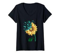 Mujer Cinta verde azulado de girasol para conciencia del trauma sexual militar Camiseta Cuello V