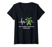 Mujer Cinta verde lima de conciencia del latido del corazón del linfoma no Hodgkin Camiseta Cuello V