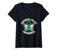 Mujer Cinta Verde Mariposa Concientización Parálisis Cerebral Camiseta Cuello V