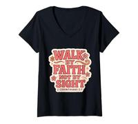 Mujer Cita Cristiana con versículo bíblico Walk by Faith Not by Sight Women Camiseta Cuello V