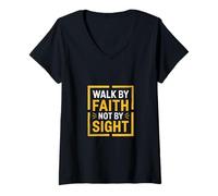 Mujer Cita Cristiana de la Biblia Walk by Faith Not by Sight Camiseta Cuello V