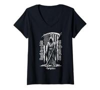 Mujer Cita de la Muerte de Grim Reaper, Bandera Estadounidense, Grunge Desgastado Camiseta Cuello V