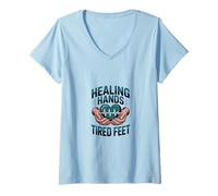 Mujer Cita de Terapeuta de Masaje de pies cansados de Manos curativas. Camiseta Cuello V