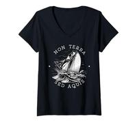 Mujer Cita de vela latina Diseño náutico Non Terra Sed Aquis Camiseta Cuello V