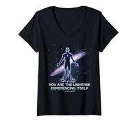 Mujer Cita del universo de Alan Watts Geometría humana cósmica Visión espacial Camiseta Cuello V