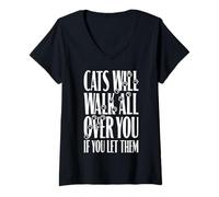 Mujer Cita Divertida con Estampado de Patas de «Cats Will Walk All You» para un Amante de los Gatos Camiseta Cuello V