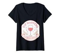 Mujer Cita Divertida de Broma de Juego de Palabras para Mujer: «Sip Happens Just Wine About It» Camiseta Cuello V