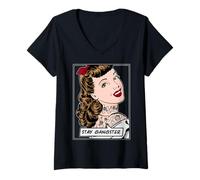 Mujer Cita Divertida de Stay Gangster con Tinta Tatuada, Vintage, Pop Art Girl Camiseta Cuello V