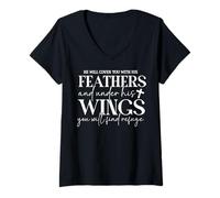 Mujer Cita Inspiradora de Fe y Esperanza con Plumas y Alas Camiseta Cuello V