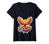 Mujer Cita motivacional de Rise And Rebuild Phoenix Rising Fire Bird Camiseta Cuello V