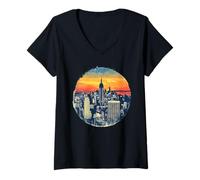 Mujer Ciudad de Nueva York al Atardecer Nueva York Camiseta Cuello V